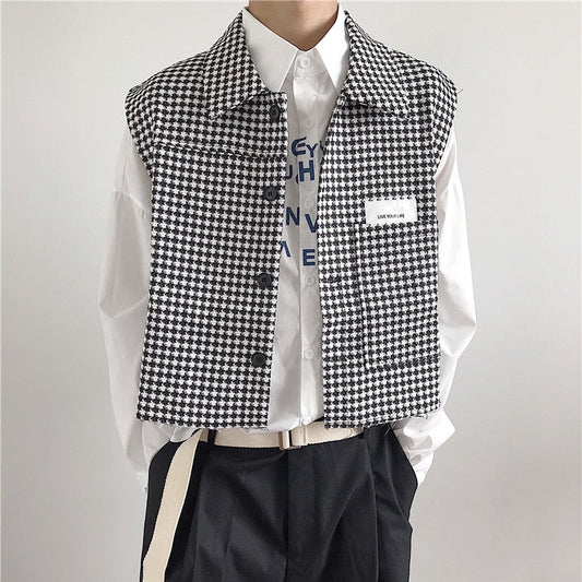 Spring and Autumn Senior Retro Houndstooth Short Vest for Men Coat England Design Sleeveless Coat Korean Fashion Waistcoat