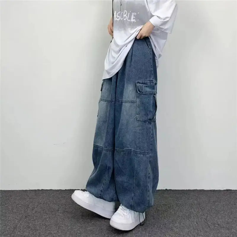 saferido Spring Autumn High Street Hip Hop Wide Leg Trousers Men's Straight Leg Loose Casual Big Pocket Jeans Men Bottom Male