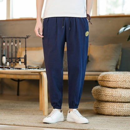 Summer Casual Chinese Style Cotton Linen Ninth Pants Men Fashion   Embroidery Loose Harem Pants Men's Street Jogging Pants