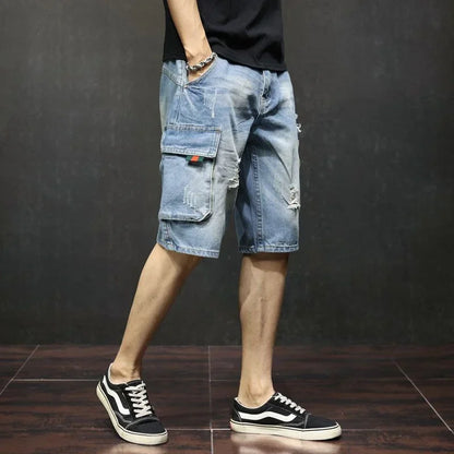 saferido Man Denim Shorts Knee Length Long Ripped Half Short Jeans Pants for Men Cargo Wide Retro Trend 2024 Blue Fitted Summer Harajuku