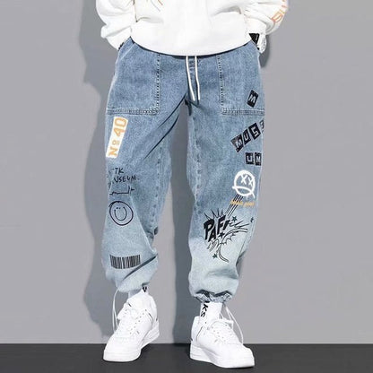 New Letter Print Jeans Men's Tide Loose Cartoon Graffiti Skinny Pants Ins Drawstring Pants Jogger Cargo Pants