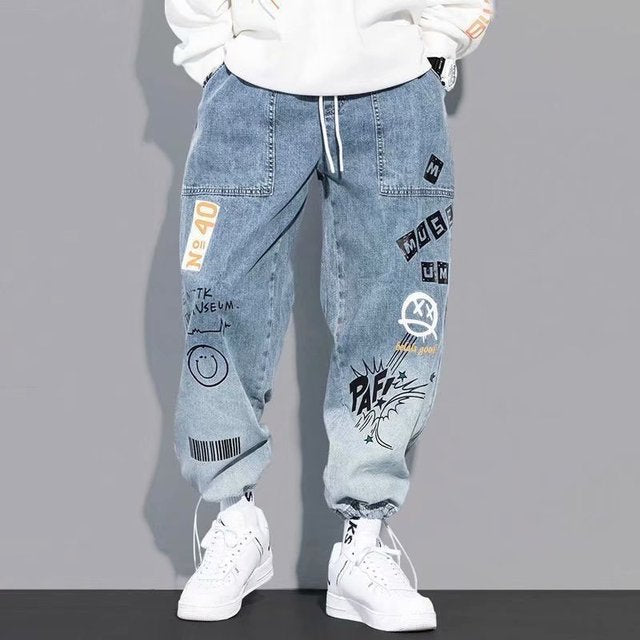 New Letter Print Jeans Men's Tide Loose Cartoon Graffiti Skinny Pants Ins Drawstring Pants Jogger Cargo Pants