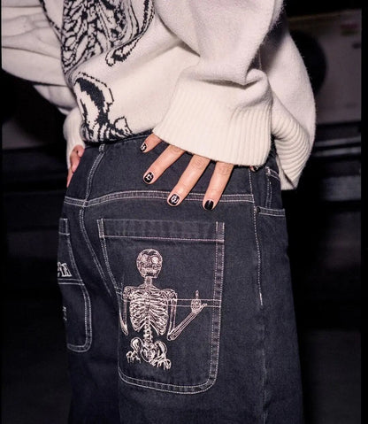 Retro Street Cross Skull Embroidery Baggy Jeans Y2k Men Women Loose Casual Straight Wide Leg Denim Pants High Waisted Pants