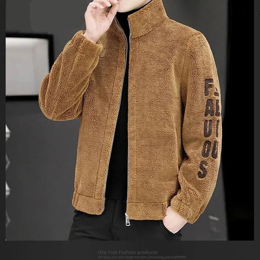 Spring Autumn New Trendy Temperament Handsome Fashion Male Coat Casual Simple Solid Color Loose Warm Lamb Fleece Top Men Clothes