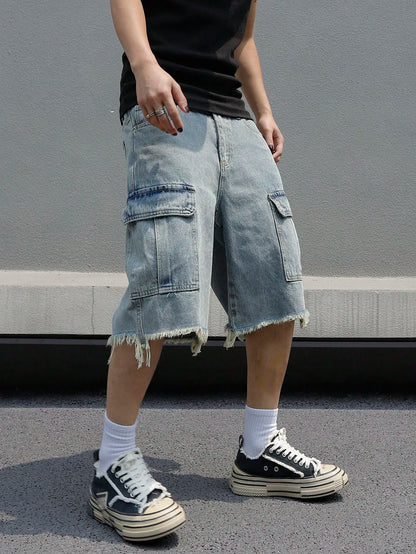 saferido Korean Fashion Men's Wide Leg Denim Shorts Summer New Fashion Loose Casual Elastic Waist Large Pocket Cargo Men's Jeans Shorts