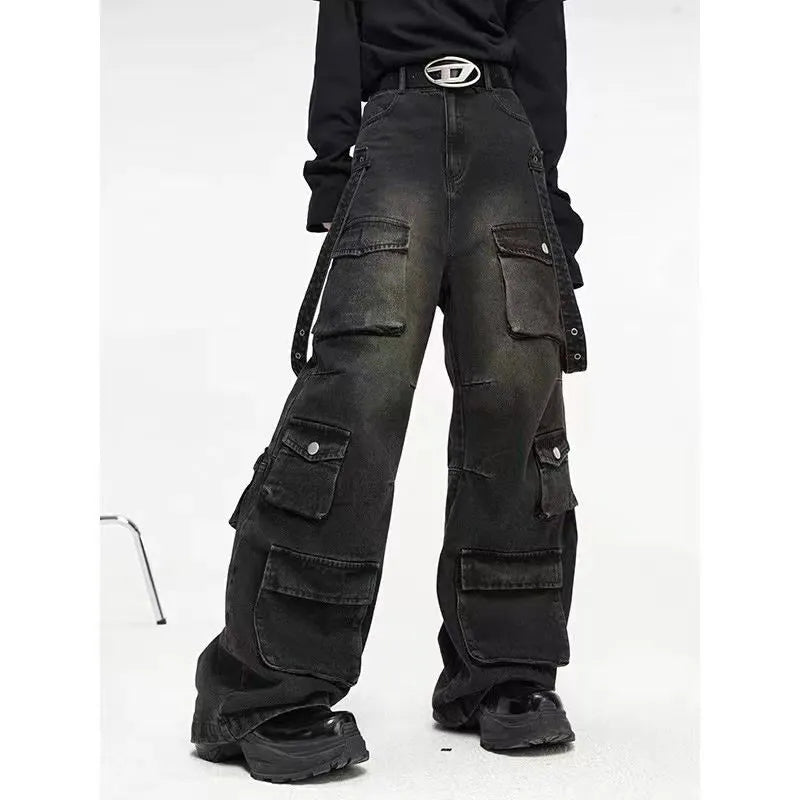 Cargo Jeans Pants Men Oversize Wide Leg Denim Trousers Male Black Design Japanese Streetwear Hip Hop Pocket Safari Style