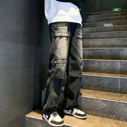 saferido American Vibe Pants Trendy High Street Zipper Pocket Work Clothes Jeans Men'S High-End Slim Straight Leg Pants