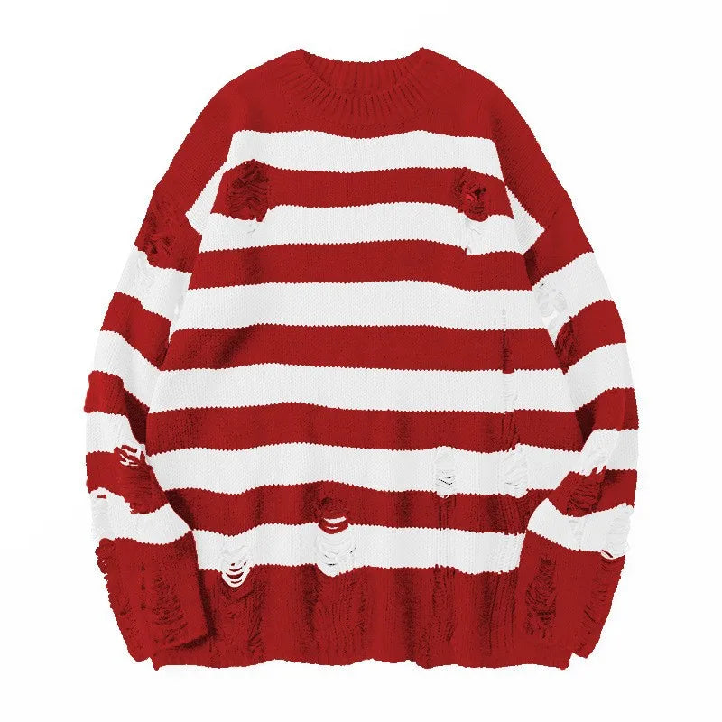 Striped Sweaters Punk Unisex Sweater Autumn Hollow Out Hole Broken Jumper Loose Oversized Pullouvers Harajuku Streetwear