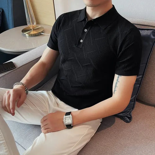 saferido Korean Style Men's Summer Hollow Out Knitting Polo Shirts/Male Slim Fit Plaid Fashion Casual Short Sleeve Polo Shirt S-4XL