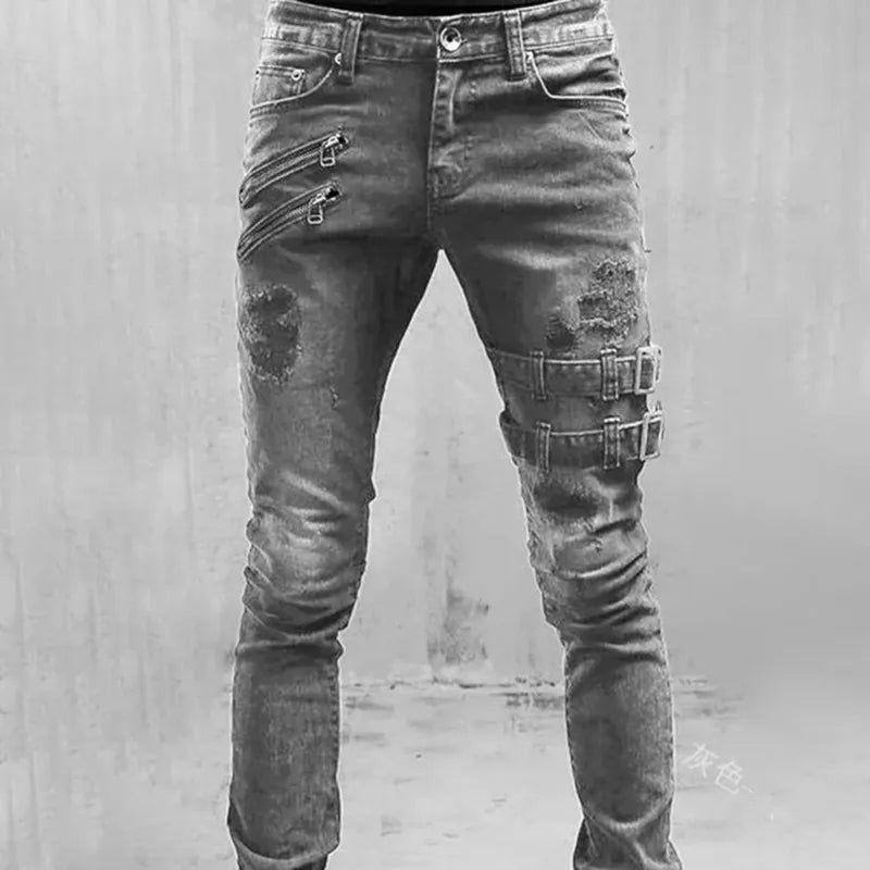 Men Slim Biker Ripped Long Denim Trousers Skinny Jeans Pocket Side Straps and Zips Male Jogging Pants Destroyed Stretchy Pants