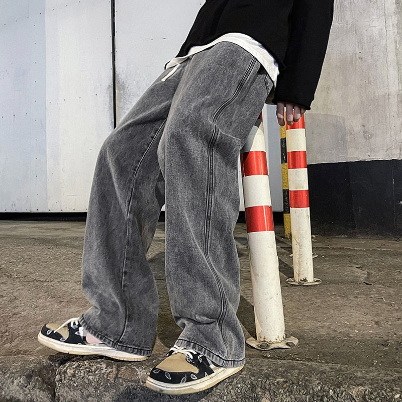 Korean Fashion Loose Jeans Classic Straight Straight Baggy Wide Leg Trousers Street Hip Hop Pants 3XL Black Grey Blue