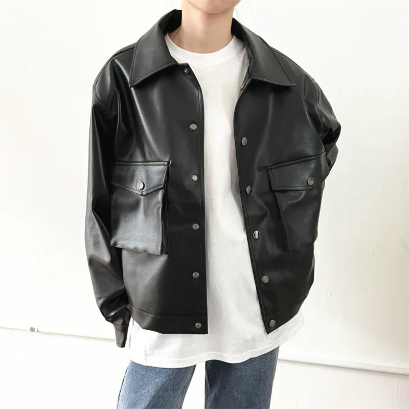 saferido Black Short Leather Jacket Men Oversized Pocket Motorcycle Jackets Mens Streetwear Hip-hop Loose Bomber Jacket Men Korean Coat