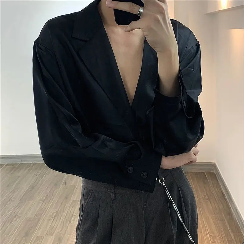 Spring New Deep V-neck Shirt Men Thin Solid Color Korean Style Mens Shirts High-end Design Double-breasted Long Sleeve Shirt