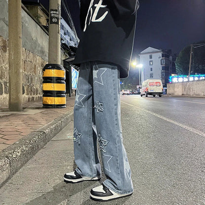 saferido Men Jeans Stars  2024 New Spring Vintage Y2K Simple Casual Loose Fashion Straight Wide Leg Oversize Pants Male Hip Hop Trousers