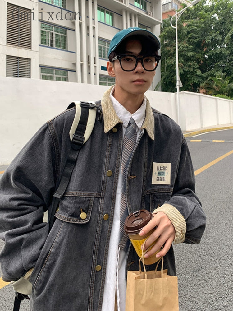 Japan Retro Lapel Denim Jacket Cityboys Punk Loose Jacket Autumn Hong Kong Style Hip Hop Handsome Stitching Jeans Coat