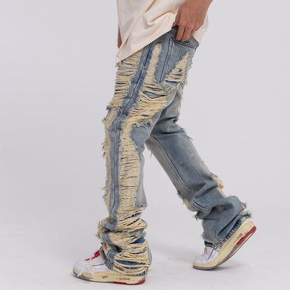 Harajuku Ripped Frayed Hole Blue Washed Jeans Pants for Men and Women Pockets Streetwear Casual Baggy Denim Trousers