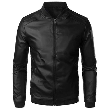 Men's Leather Jacket Fashion Motorcycle Slim Fit PU Leather Stand Collar Jacket