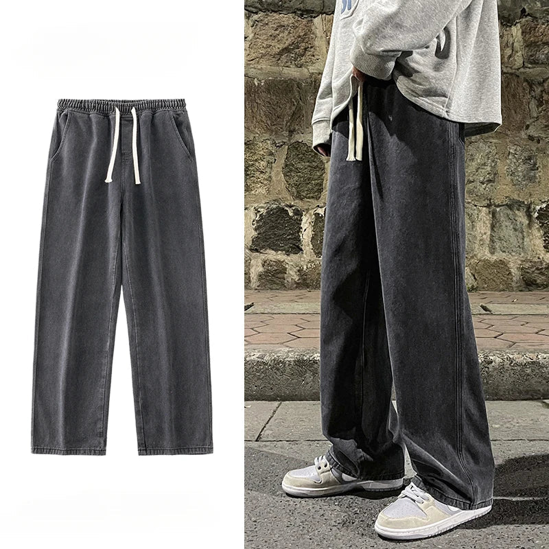 saferido Korean Fashion Loose Men Jeans Classic Straight Straight Baggy Wide Leg Trousers Casual Street Hip Hop Pants Black Grey Blue