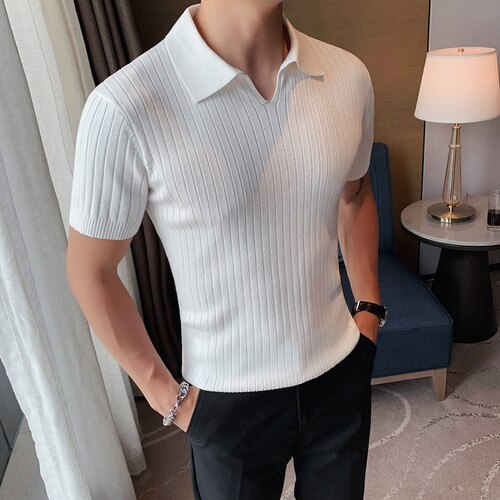 British Style Men's Summer Casual Short Sleeves Polo Shirts/Male Slim Fit High Quality Stripe Knitted V-neck Polo Shirts