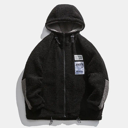 Men Winter Fleece Jacket Lamb Wool Hooded Coat Mens Thick Warm Coat Loose Japanese Streetwear Casual Harajuku Zippered Jacket