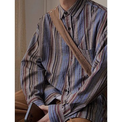 saferido Autumn Cityboy Loose Japanese Retro Vertical Striped Shirt for Men and Women Long Sleeve Lapel Fashion Designer Shirt Jacket