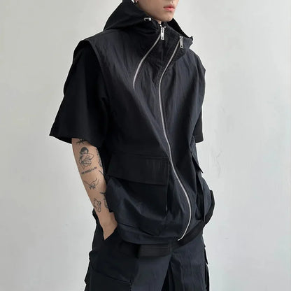 saferido Men Cargo Hooded Vest Summer Zipper Sleeveless Tops Male Korean Streetwear Hip Hop Unisex Hoodie Coat Fashion Waistcoat Jacket