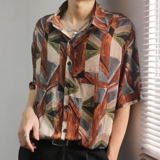 Summer New Vintage Short Sleeved Shirts for Men Geometric Print Loose Casual Beach Hawaiian Fashion Floral Shirt Streetwear