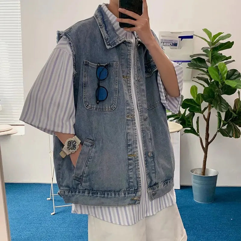 saferido Denim Sleeveless Jacket Men Fashion Oversized Harajuku Denim Jeans Casual Jeans Waistcoat Cowboy Hip Hop Streetwear Clothing