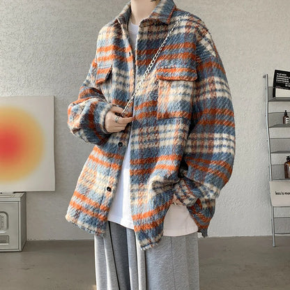 saferido Winter Short Woolen Coat Men Retro Thickened Woolen Jacket Men Korean Loose Plaid Woolen Coat Men Oversized Thick Jackets M-2XL