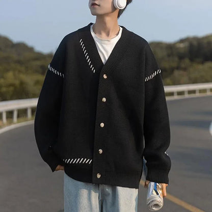 New Autumn and Winter Fashion Trend Handsome Open Thread Splice Casual Loose Lazy Style High Grade Couple Sweater Coat