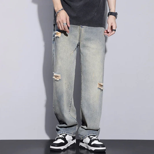 saferido Men's Clothing Y2k Baggy Jeans Spring/Summer New Man Pants American Trendy Hole Loose Leisure Straight Leg Wide Jeans for Men