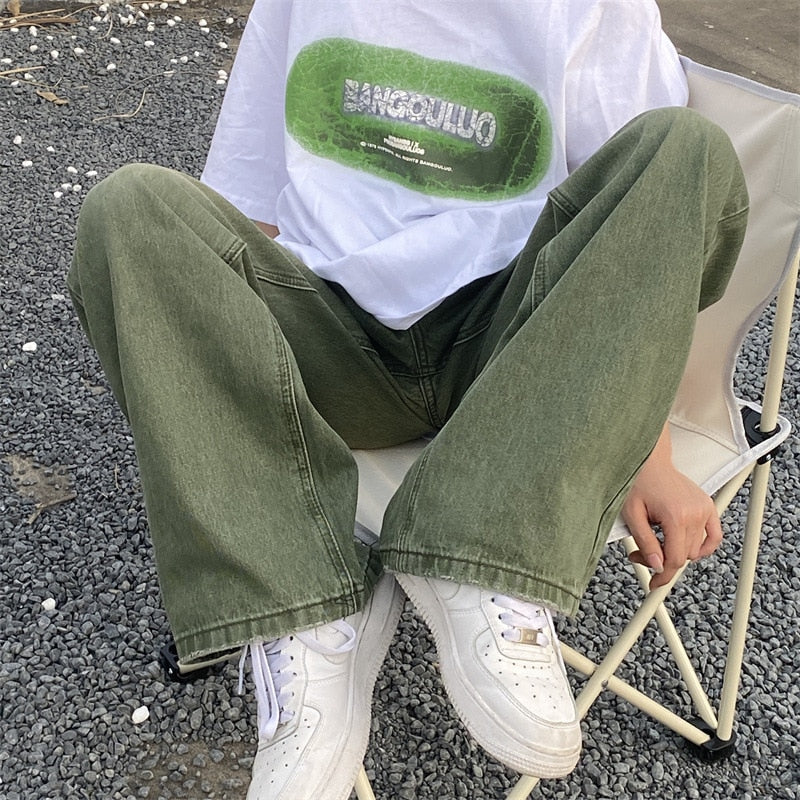 Green Jeans Baggy Distressed Vintage Denim Trousers Male Wide Leg Pants Men Streetwear Retro Oversize Casual Hip Hop