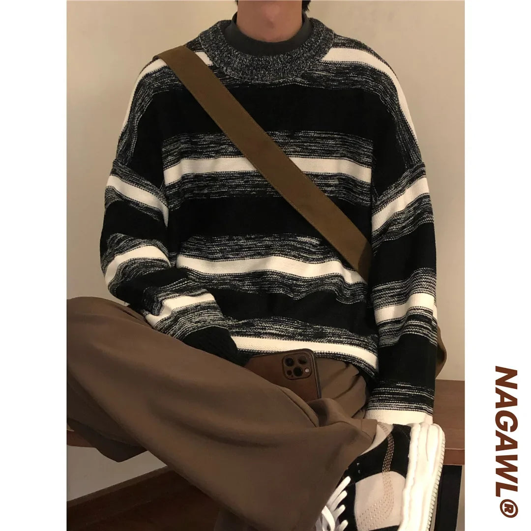 saferido Vintage Striped Men's Knitted Sweater Pullovers Black Distressed Sweaters Male Oversize Japanese Streetwear Hip Hop