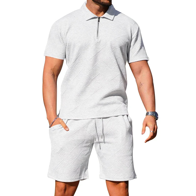 saferido  Spring/Summer New Men's Casual Short Sleeve Polo Neck T-shirt Texture Shorts POLO Shirt Two Piece Set