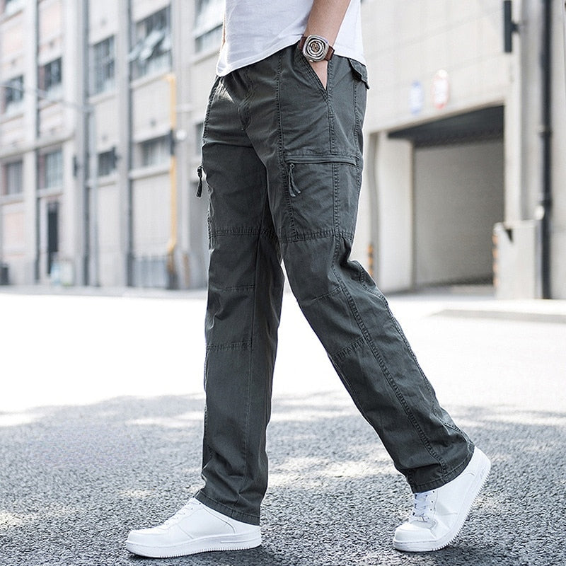 Big Size Men's Cargo Trousers Straight Leg Work Pant Men Loose Fit Cotton Summer Wide Overalls Male Side Multi Pocket large size