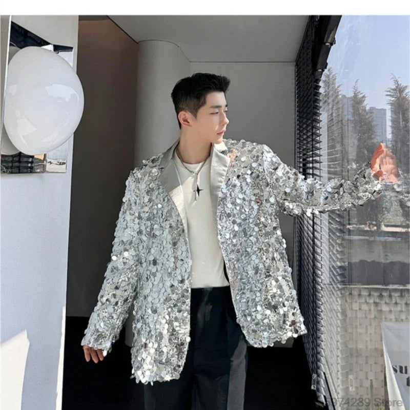 saferido Men's Sequins Blazer Glitters Bling Suit Jacket Singer Stage Shiny Clothing Black Silver Oversize Party Suit Coat Man