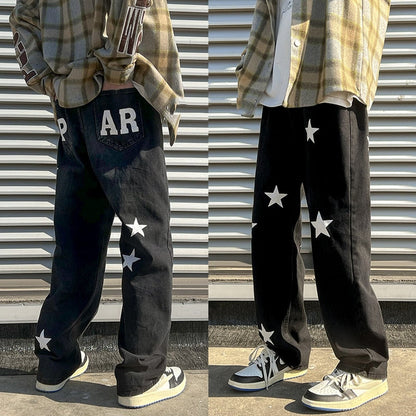 New Men's jeans Neutral Wide Leg Denim Trousers Loose Straight Luxury Jeans Youth Street Casual Cross Embroidery Hip hop Pants