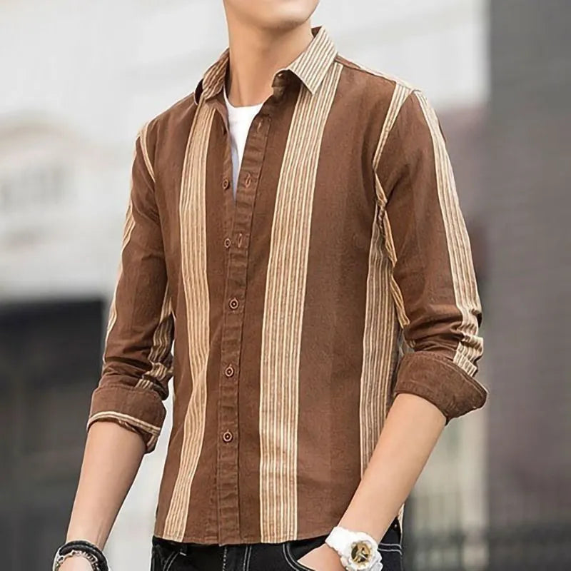 Spring Autumn New Fashion Striped Shirt Man Turn-down Collar Long Sleeve Single Breasted Cardigan High Street Contrast Color Top