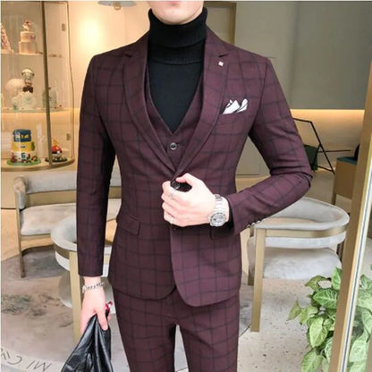 saferido (Jacket+Vest+Pants) Men Dress Suits British 3Piece Men Wedding Suit Autumn Men Business Formal Plaid Suit Male Luxury Slim Dress