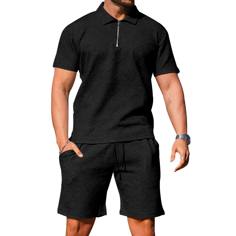 saferido  Spring/Summer New Men's Casual Short Sleeve Polo Neck T-shirt Texture Shorts POLO Shirt Two Piece Set