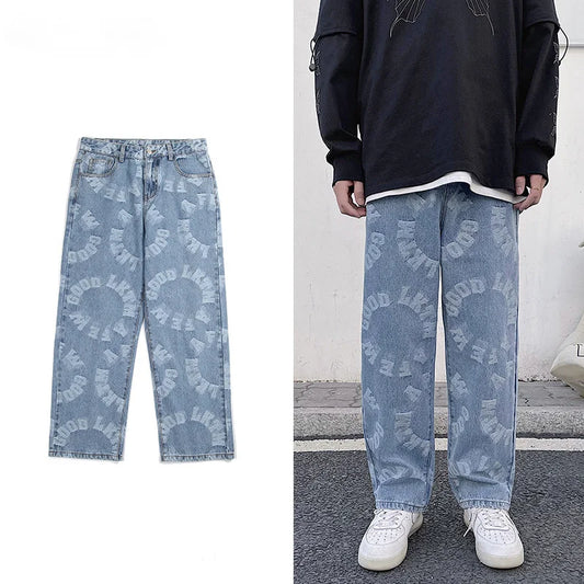 saferido Printing Men's Jeans High Street Fashion Wide Leg Pants Harajuku Streetwear Spring Autumn Denim Trousers Oversizde Male Clothing