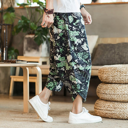 Summer Harajuku Calf Length Casual Men's Pants Wide Leg Cotton Linen Printing Harem Baggy Pants Fashion Men's Clothing