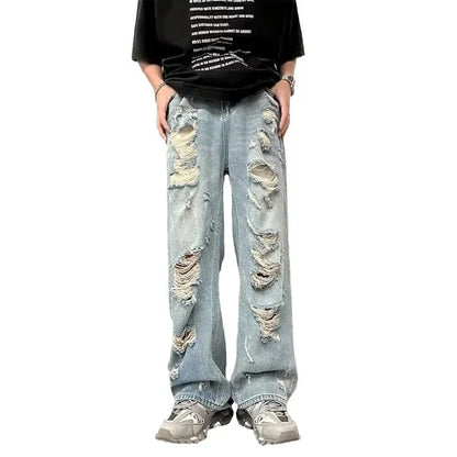 saferido Vintage Distressed Straight-leg Jeans American Style Slimming Bell Bottoms Loose Fit High-waisted Summer Thin Version For Men