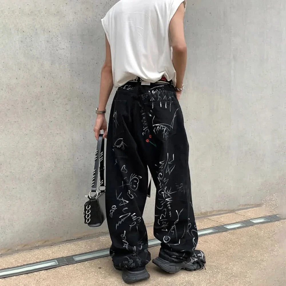 saferido 2024 Spring And Autumn Men's Casual Pants Fashionable Trendy Y2k Hip-Hop High Street Graffiti Printed American Vintage Trousers