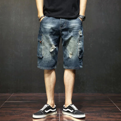 saferido Man Denim Shorts Knee Length Long Ripped Half Short Jeans Pants for Men Cargo Wide Retro Trend 2024 Blue Fitted Summer Harajuku