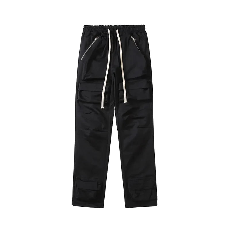 High Street Multi-pocket Drawstring Overalls Mens Straight Vibe Style Oversize Casual Cargo Pants Hip Hop Loose Baggy Trousers