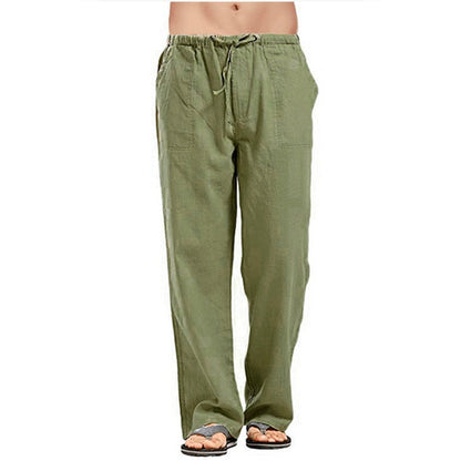 Men's Cotton Linen Pants Summer Solid Color Breathable Linen Trousers Male Casual Elastic Waist Fitness Pants