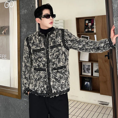 Fashion Woolen Jackets Autumn Winter Men's Clothing Trend Niche Design Woven Collarless Korean Casual Coat Tide New