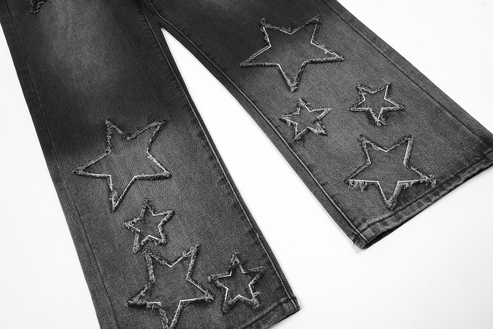 Gradient Color Stars Embroidery Washed Men's and Women's Jeans Straight Loose Casual Y2K Denim Trouses Oversized Cargo Pants