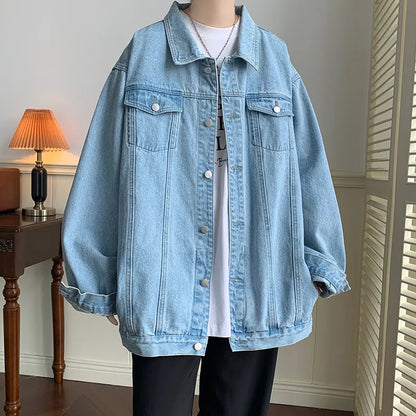 Plus Size 5XL-M Black Denim Jacket Mens Turn Down Collar Jeans Coats Multi-pockets Overalls Streetwear Loose Casual Men Clothing